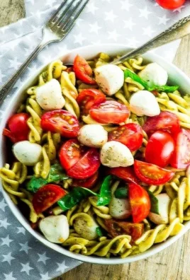 High Protein Caprese Pasta Salad with fresh tomatoes and mozzarella