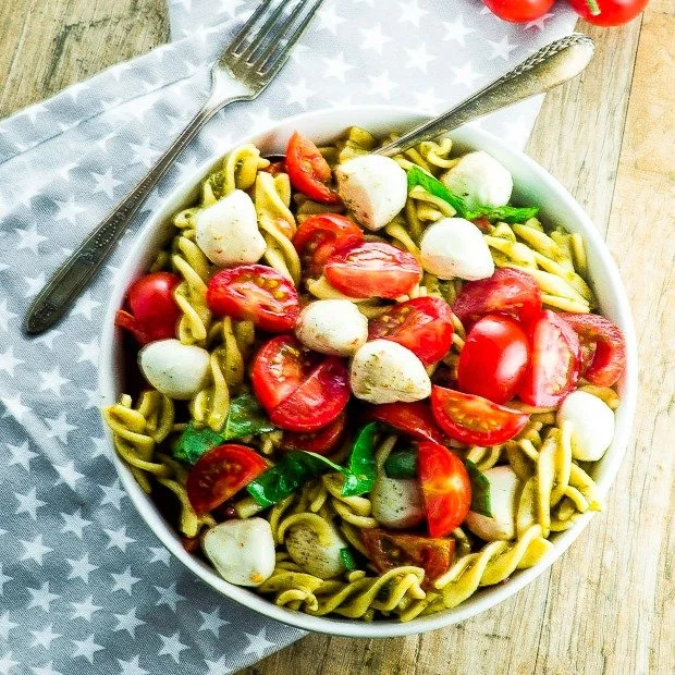 High Protein Caprese Pasta Salad with fresh tomatoes and mozzarella