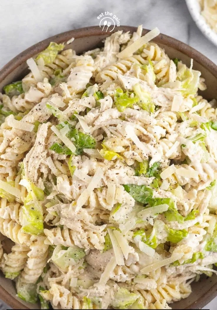 High protein chicken Caesar salad pasta with fresh ingredients