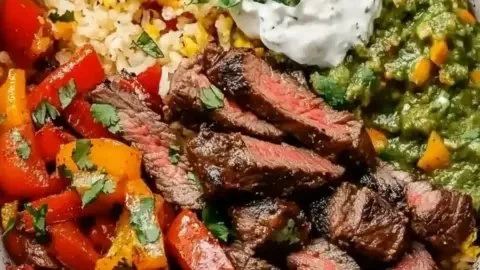 High protein low carb steak fajita bowl with colorful veggies and toppings