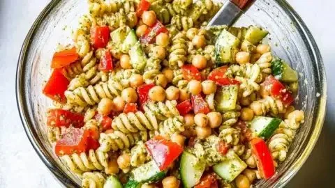 High protein pasta salad with fresh veggies for meal prep