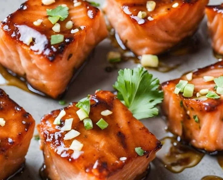 Delicious honey garlic salmon bites served on a plate with garnishes