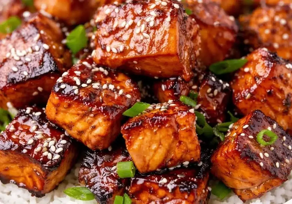 Honey Garlic Salmon Bites Bowl with vibrant vegetables and rice.