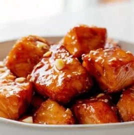 Honey Garlic Salmon Bites served on a platter with fresh herbs.