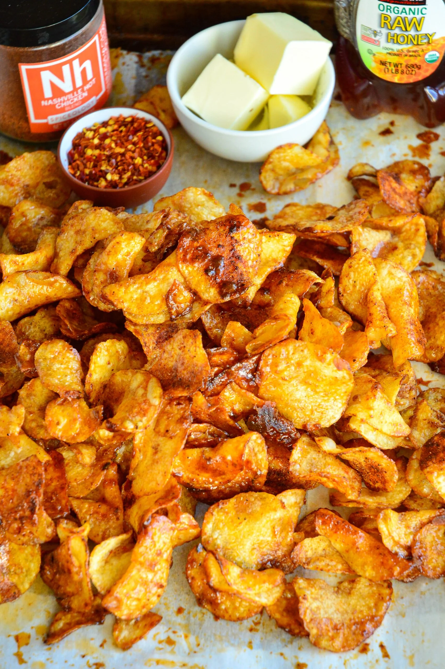 Deliciously crispy hot honey butter potato chips in a bowl