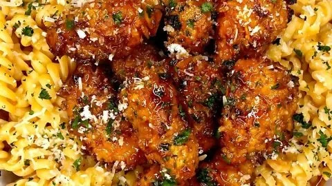 Hot Honey Chicken Pasta garnished with herbs and served in a bowl