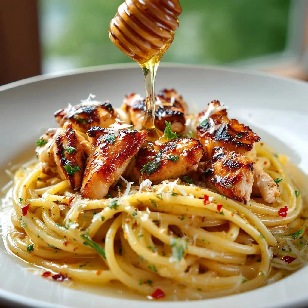 Delicious hot honey chicken pasta served in a bowl with creamy sauce and herbs.