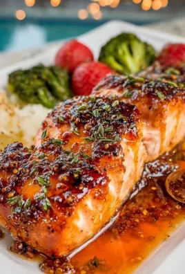 Plate of hot honey salmon garnished with herbs and spices