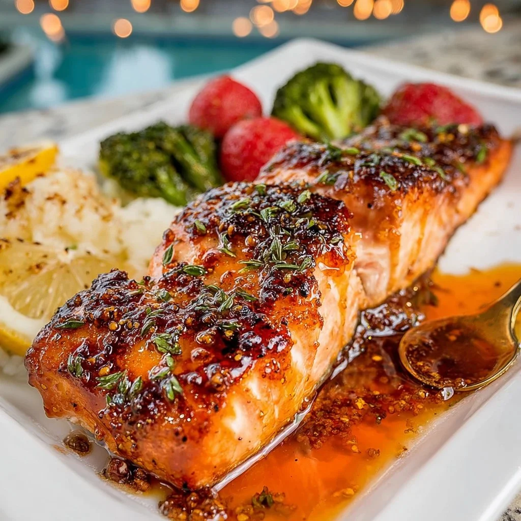 Plate of hot honey salmon garnished with herbs and spices