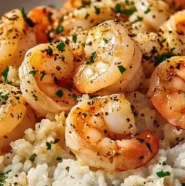 Creamy garlic shrimp served in a skillet with rice and herbs.