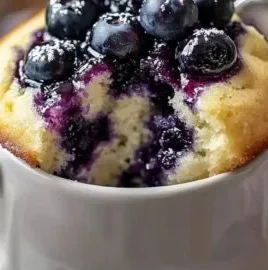 Delicious blueberry mug cake with cottage cheese topped with fresh blueberries.