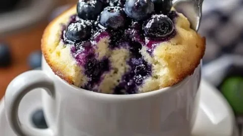 Delicious blueberry mug cake with cottage cheese topped with fresh blueberries.
