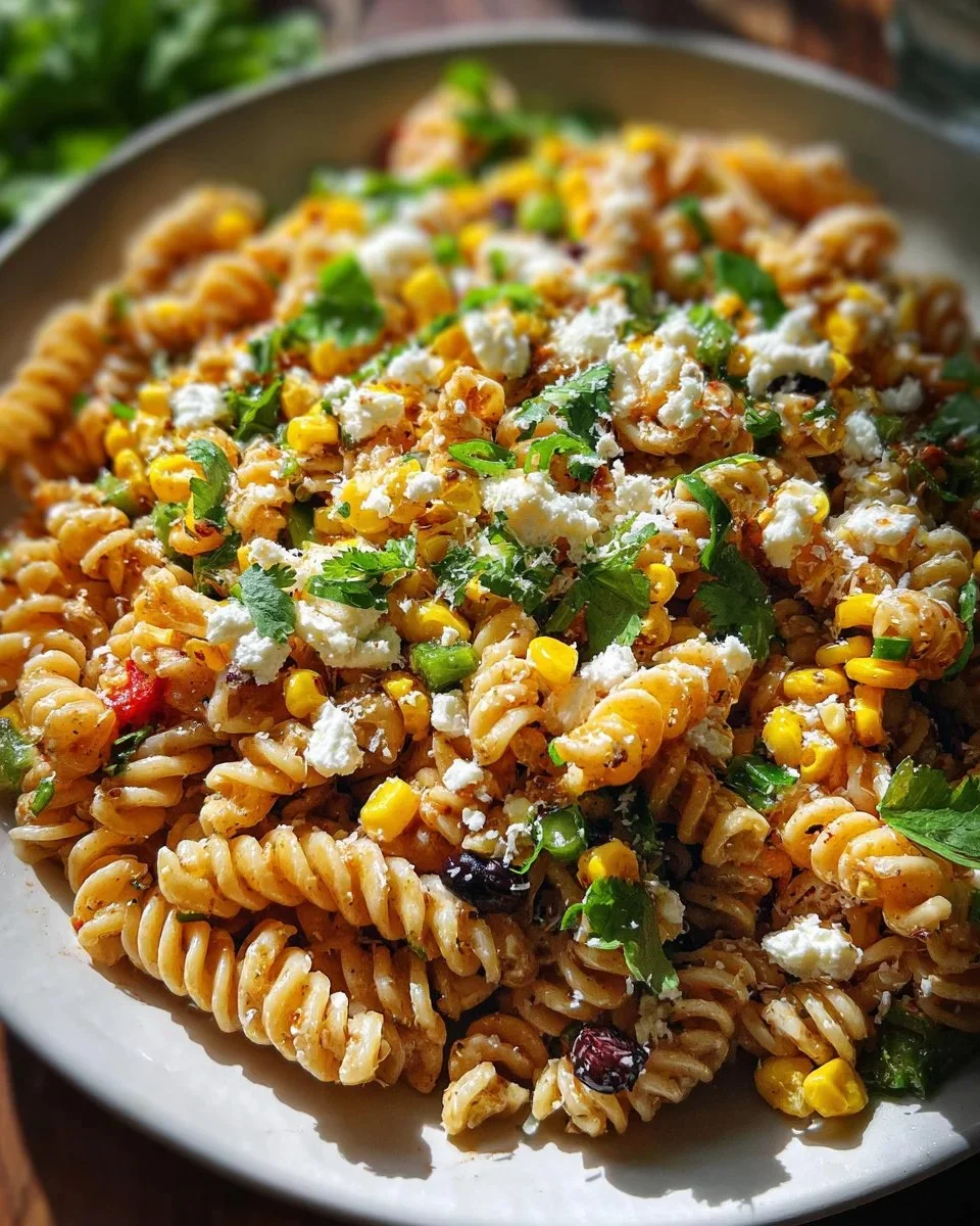 Bowl of Mexican Street Corn Pasta Salad with fresh ingredients