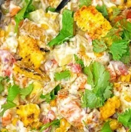 Delicious Mexican street corn potato salad served in a bowl