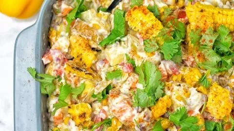 Delicious Mexican street corn potato salad served in a bowl