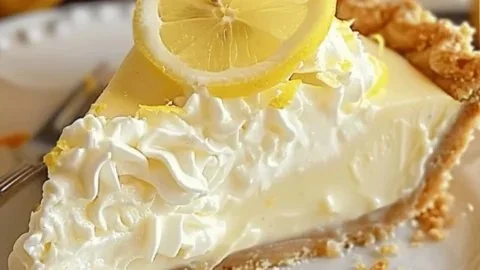 No-Bake Cream Cheese Lemonade Pie topped with lemon slices and whipped cream