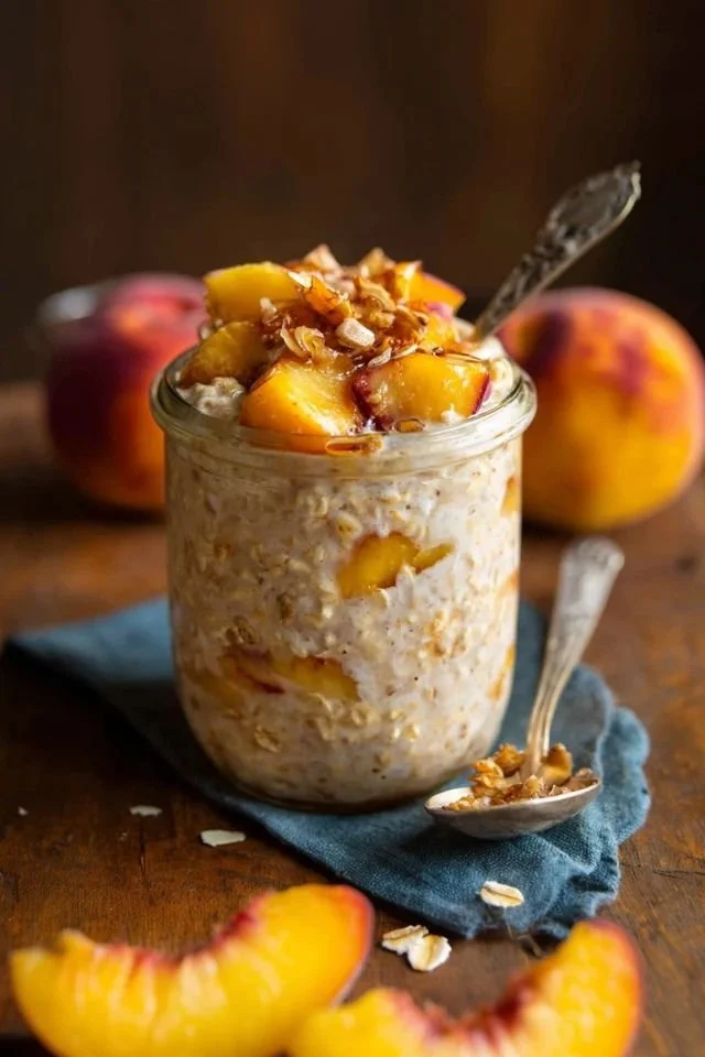 Bowl of creamy Peach Overnight Oats topped with fresh peach slices and chia seeds