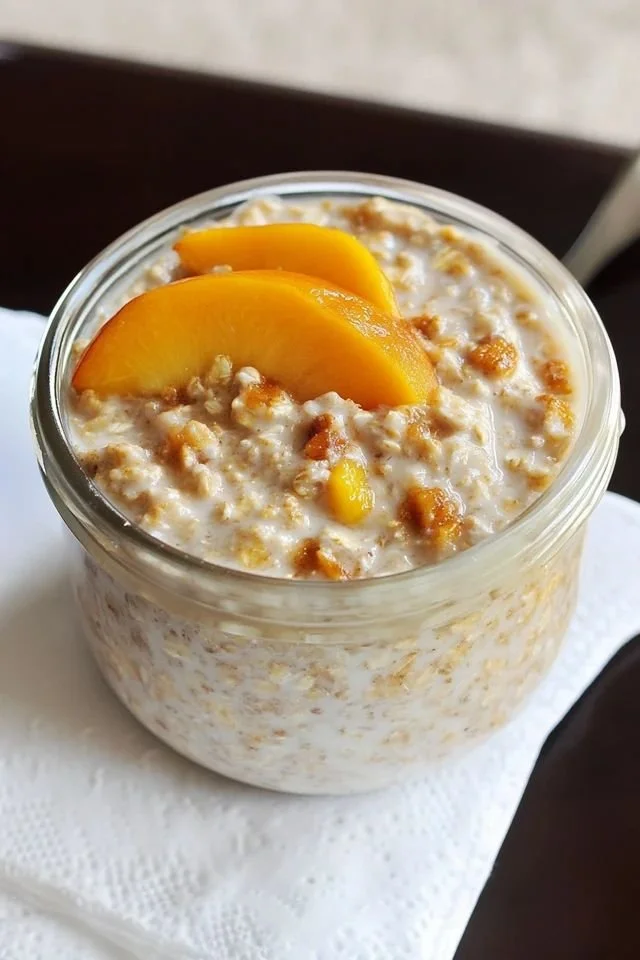 Delicious Peach Overnight Oats topped with fresh peach slices and nuts.