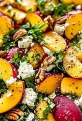 Fresh peach salad with creamy feta and toasted nuts on a plate