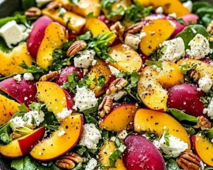 Fresh peach salad with creamy feta and toasted nuts on a plate