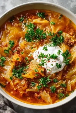 A bowl of delicious Polish Cabbage Soup garnished with herbs and served with bread.