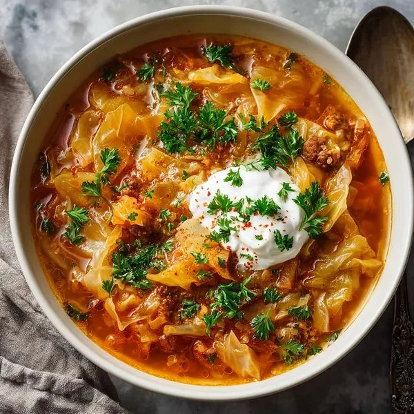 A bowl of delicious Polish Cabbage Soup garnished with herbs and served with bread.