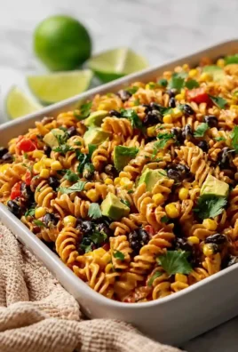 Colorful Southwest Pasta Salad with beans, corn, and dressing in a bowl.