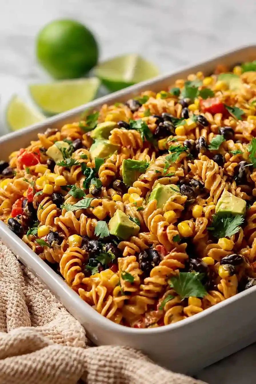 Colorful Southwest Pasta Salad with beans, corn, and dressing in a bowl.