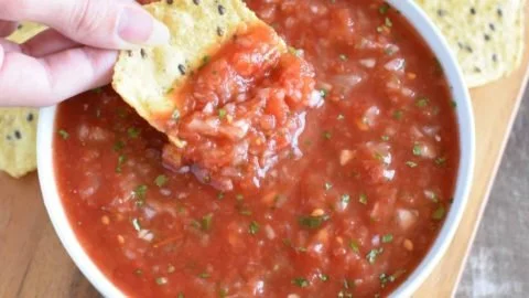 Delicious restaurant-style salsa made with fresh tomatoes, onions, and spices.