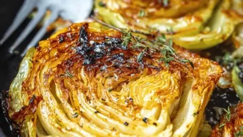 Roasted cabbage steaks on a plate, garnished with herbs and spices