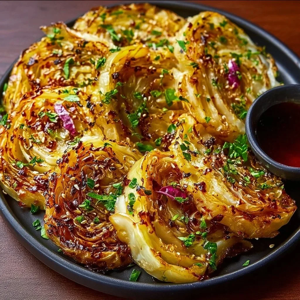 Delicious roasted cabbage steaks served with seasoning.
