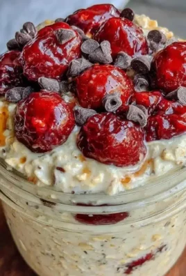 Sour cherry overnight oats topped with dark chocolate chips in a glass bowl.