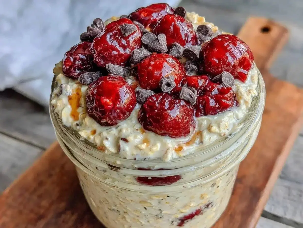 Sour cherry overnight oats topped with dark chocolate chips in a glass bowl.