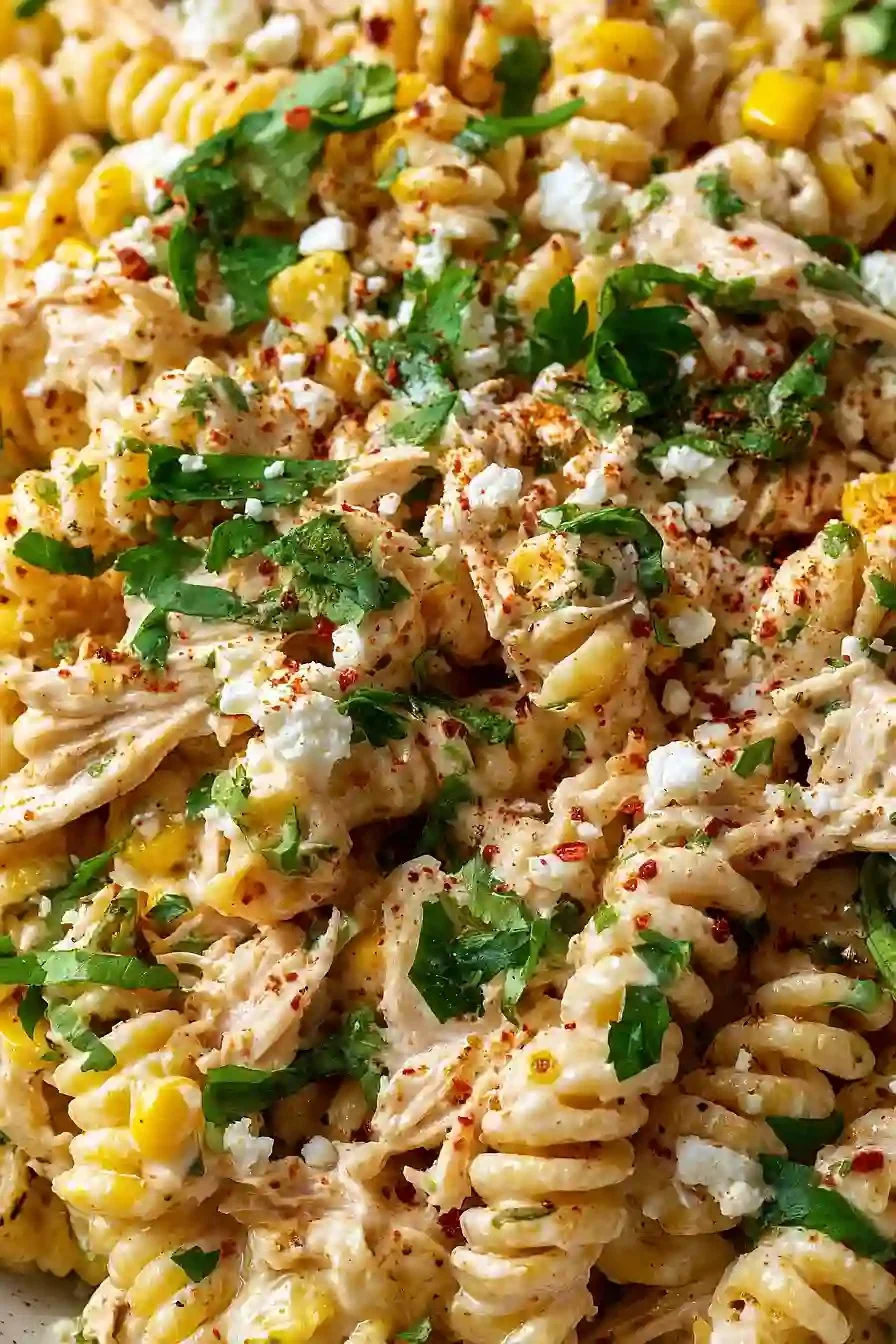 Spicy Elote Pasta Salad with Chicken served in a bowl garnished with cilantro.