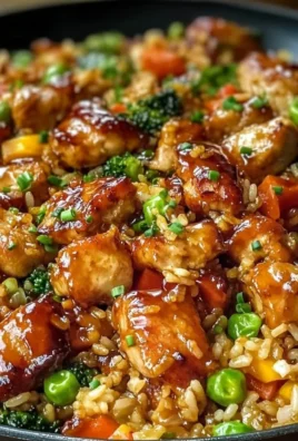 Skillet of sticky teriyaki chicken fried rice garnished with green onions and sesame seeds