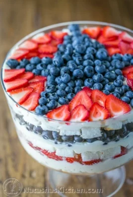 Delicious strawberry blueberry trifle dessert served in a glass dish.
