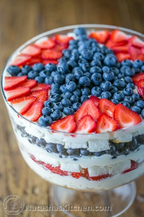 Delicious strawberry blueberry trifle dessert served in a glass dish.