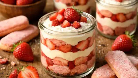 Delicious Strawberry Tiramisu layered with pink biscuits from Reims