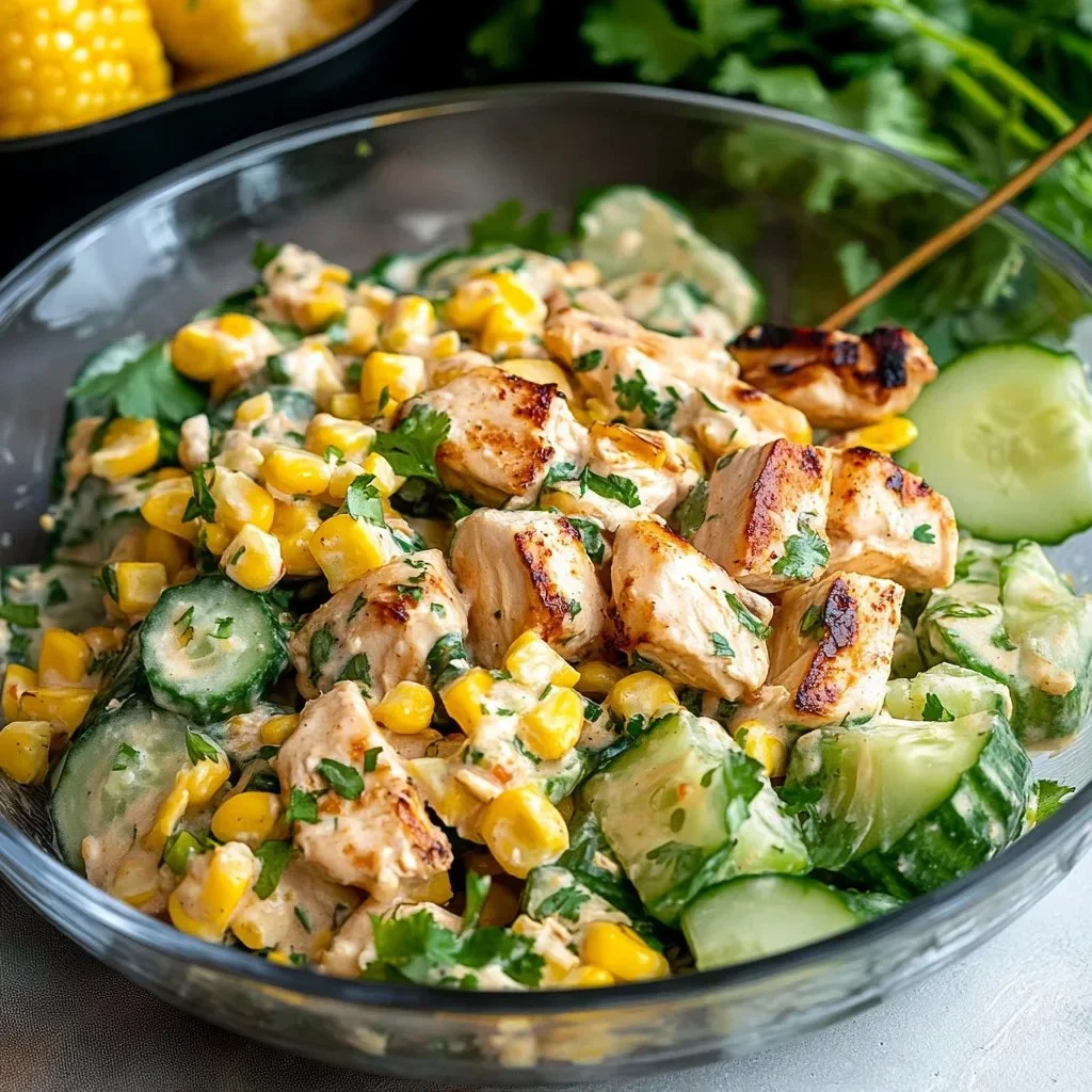 Street Corn Creamy Cucumber Chicken Salad with vibrant ingredients