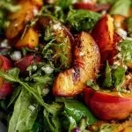 Delicious summer grilled peach salad with colorful ingredients