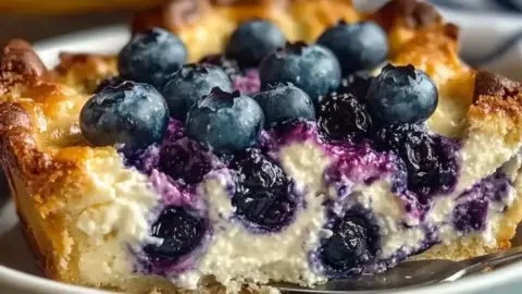 Wholesome blueberry breakfast bake with cottage cheese served in a dish.