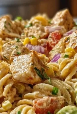 Zesty high-protein BBQ chicken pasta salad in a bowl, garnished with fresh herbs.