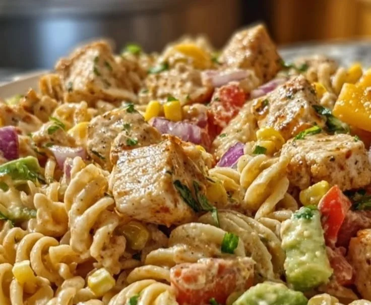 Zesty high-protein BBQ chicken pasta salad in a bowl, garnished with fresh herbs.
