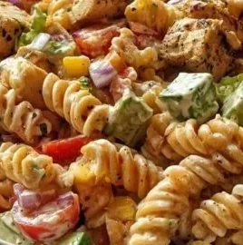 Zesty high-protein BBQ chicken pasta salad served in a bowl