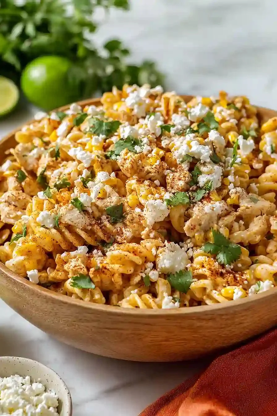 Zesty Mexican Street Corn Chicken Pasta Salad with fresh ingredients