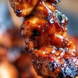 BBQ chicken skewers grilled to perfection, garnished with fresh herbs