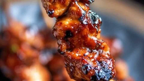 BBQ chicken skewers grilled to perfection, garnished with fresh herbs