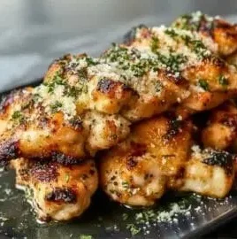 Blackstone Garlic Parmesan Chicken on a plate garnished with herbs