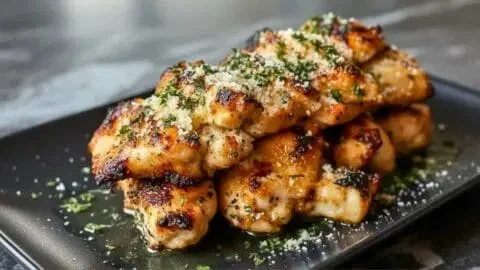 Blackstone Garlic Parmesan Chicken on a plate garnished with herbs