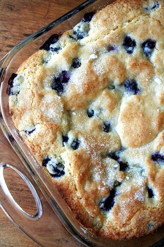 Delicious buttermilk blueberry breakfast cake served on a plate